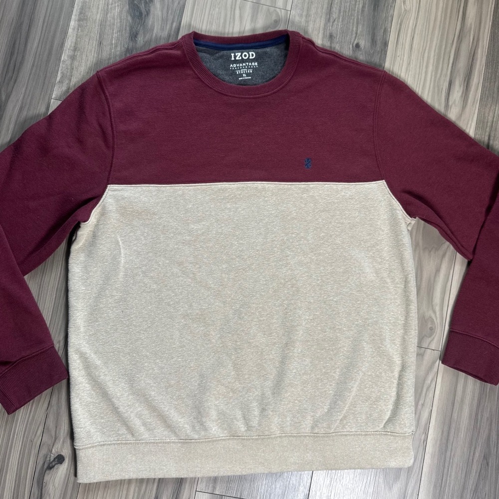 IZOD Advantage Performance Crewneck Sweatshirt Mens XL Burgundy Tan Colorblock